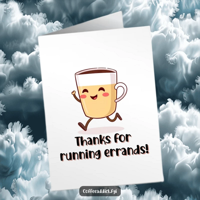 Funny Free Printable Thank You Card: A smiling coffee cup with legs speeds over to say thank you with enthusiasm.