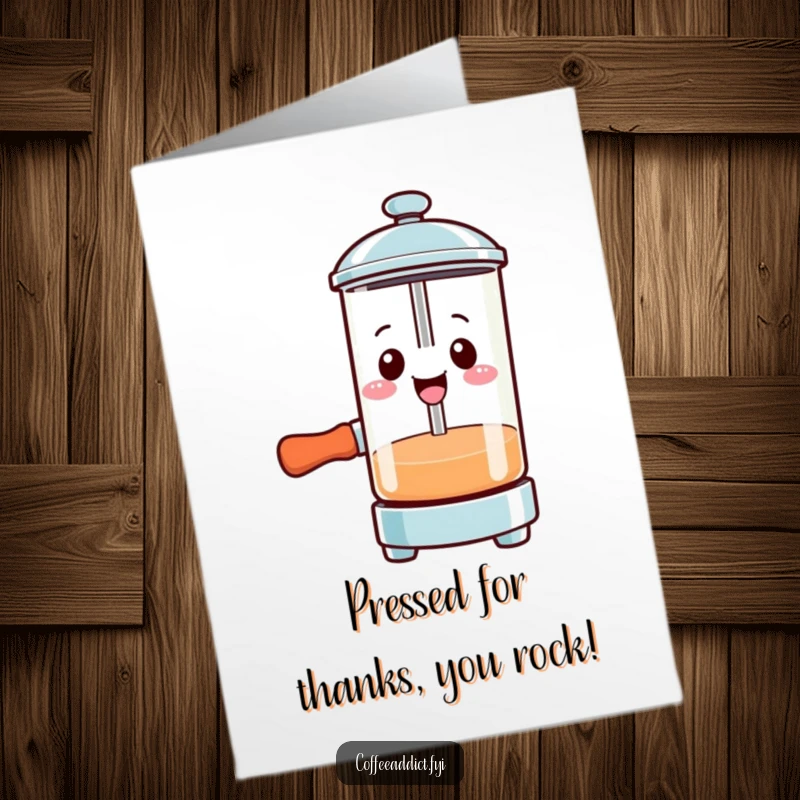 Funny Free Printable Thank You Card: Smiling Kawaii French press character pressing down with gusto to express sincere thanks.
