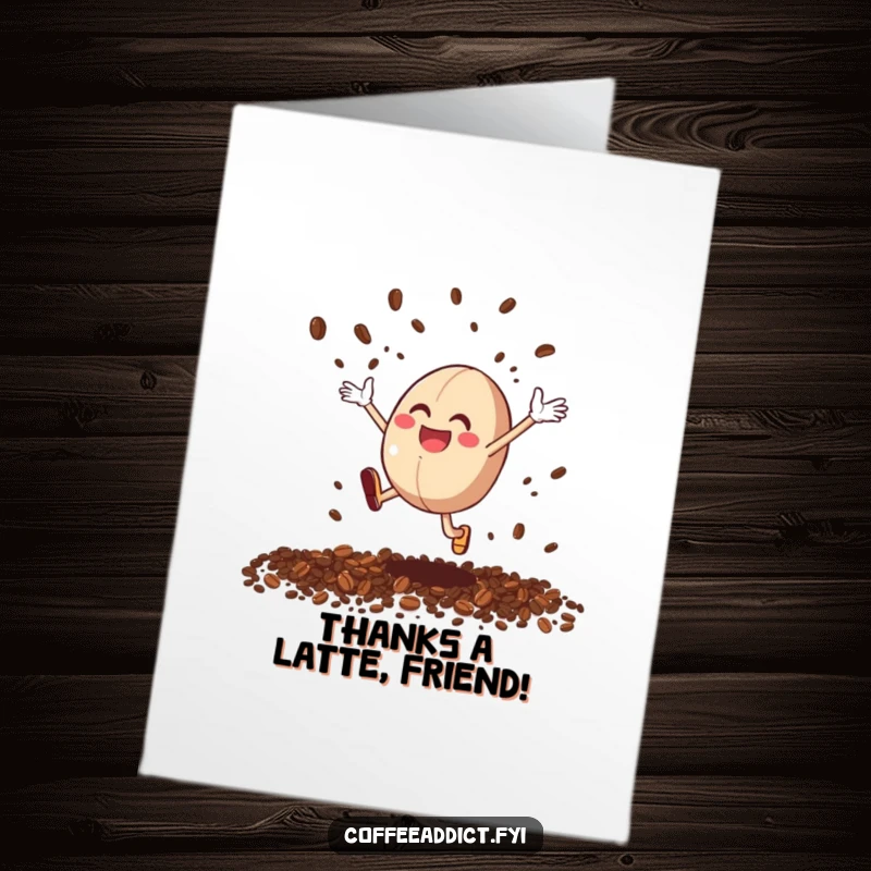 Funny Free Printable Thank You Card: Coffee Bean Character Leaping with Joy, Scattering Grounds Merrily