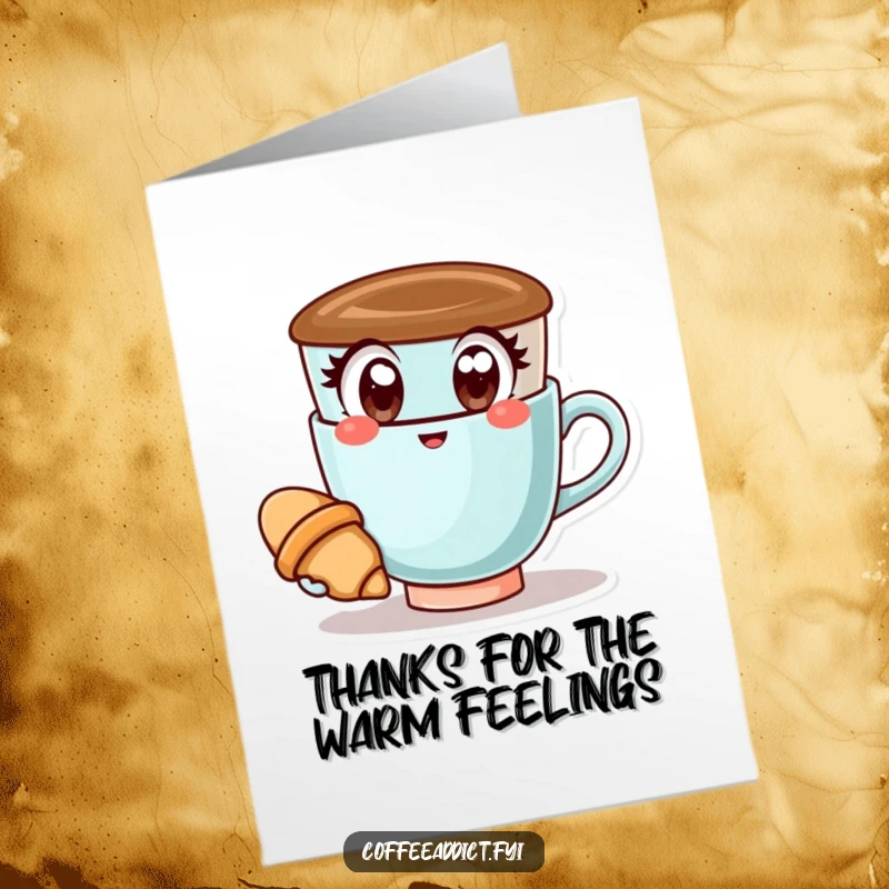 Funny Free Printable Thank You Card: Kawaii coffee cup with wide, happy eyes, holding a tiny croissant, expressing thanks warmly.