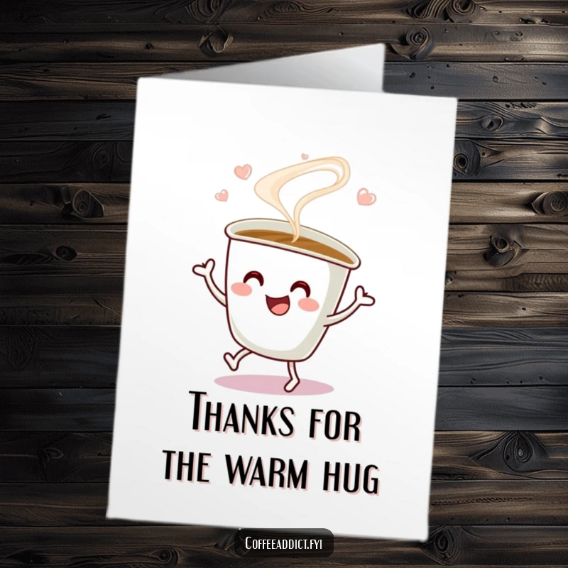 Funny Free Printable Thank You Card: A coffee cup with swirling steam performs a happy jig, expressing thanks.