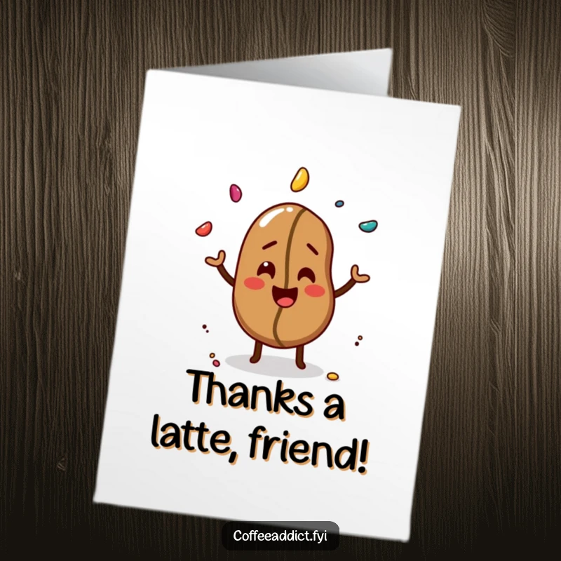 Funny Free Printable Thank You Card: A giggling coffee bean juggles colorful sprinkles, sending a delightful thank you.