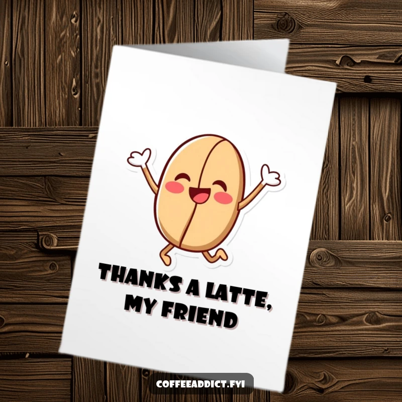Funny Free Printable Thank You Card: Kawaii coffee bean character performing a jubilant leap, expressing thanks with downloadable cheer.