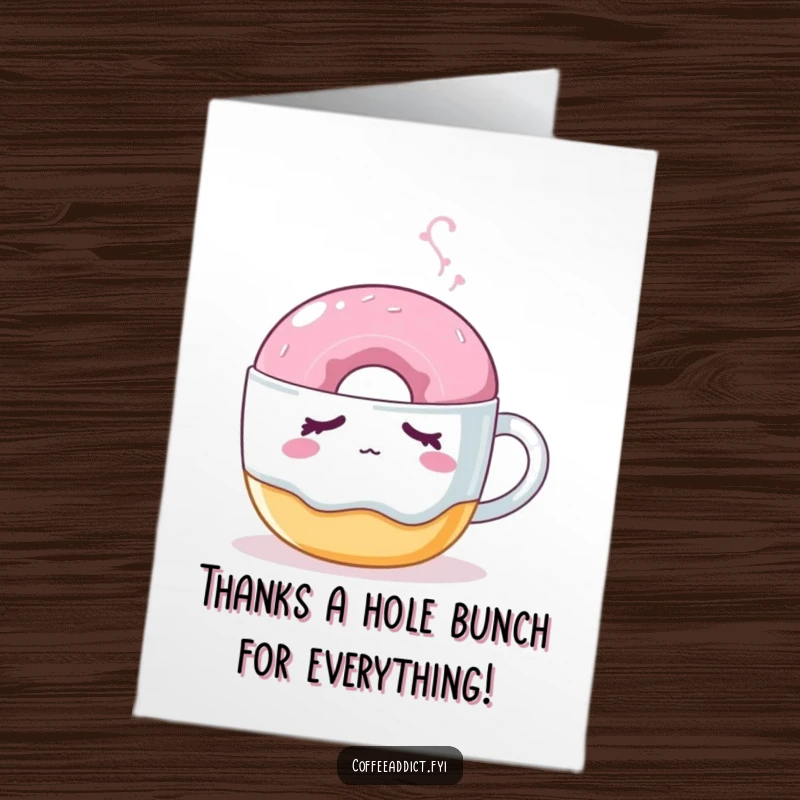 Funny Free Printable Thank You Card: A sleepy donut with droopy eyes receives a gentle nudge, expressing thanks. Sweet and humorous.