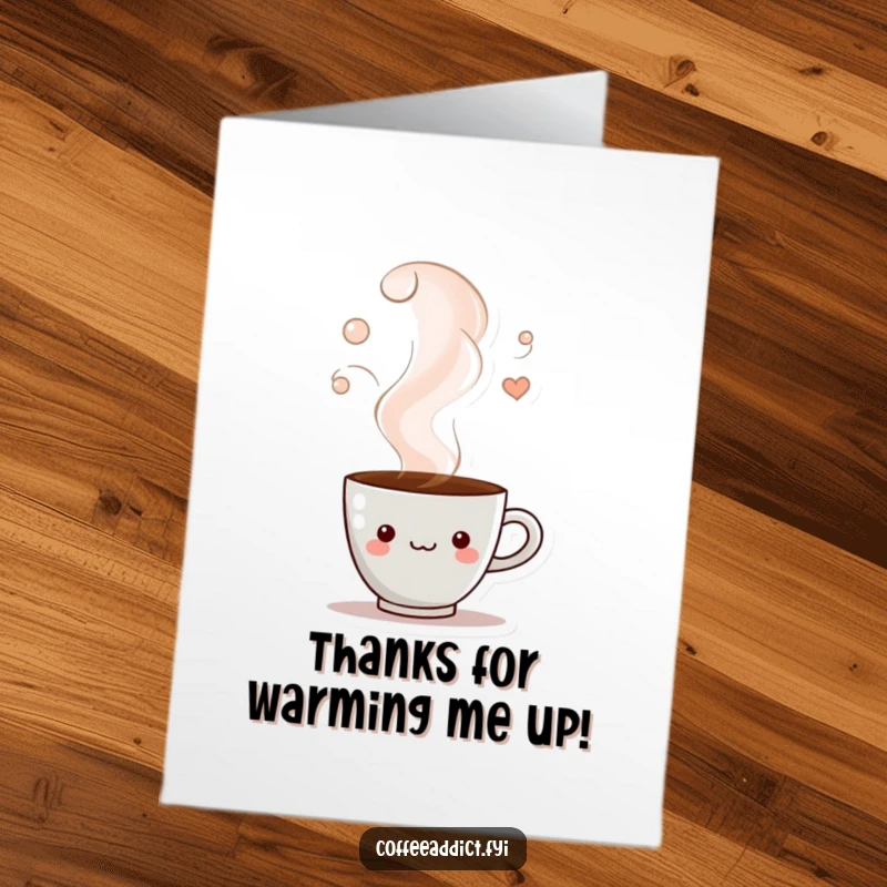 Funny Free Printable Thank You Card: A coffee cup character peeks from a swirling steam cloud, conveying thanks. A cozy downloadable card.