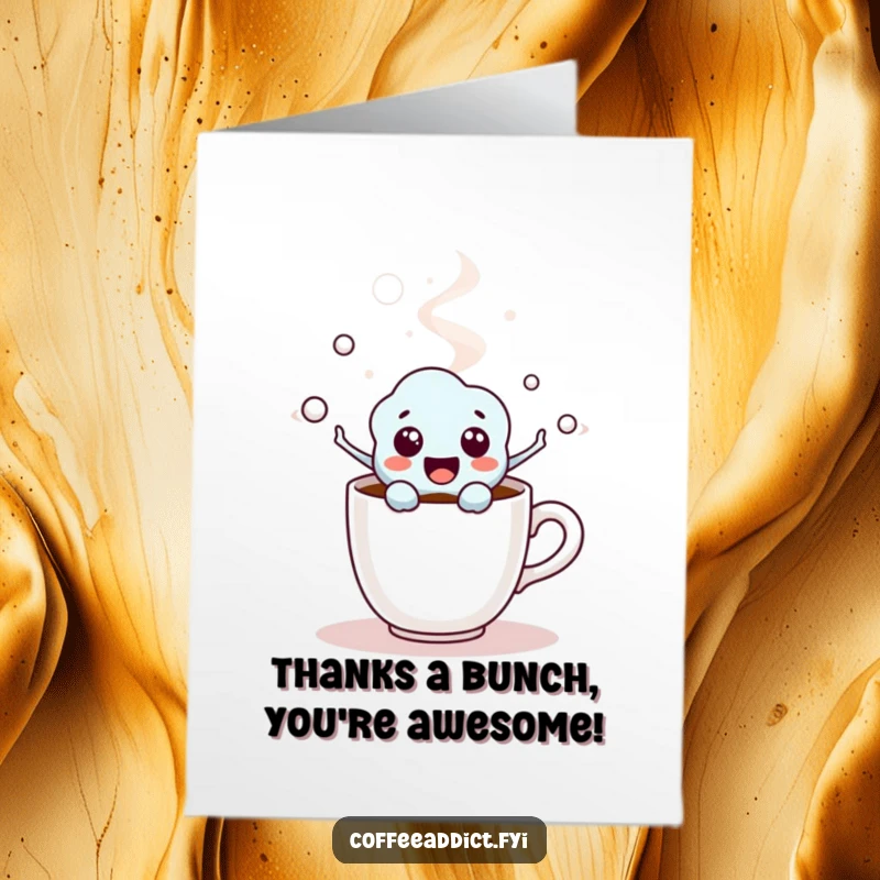 Funny Free Printable Thank You Card with a kawaii coffee molecule character popping excitedly from a steaming cup.