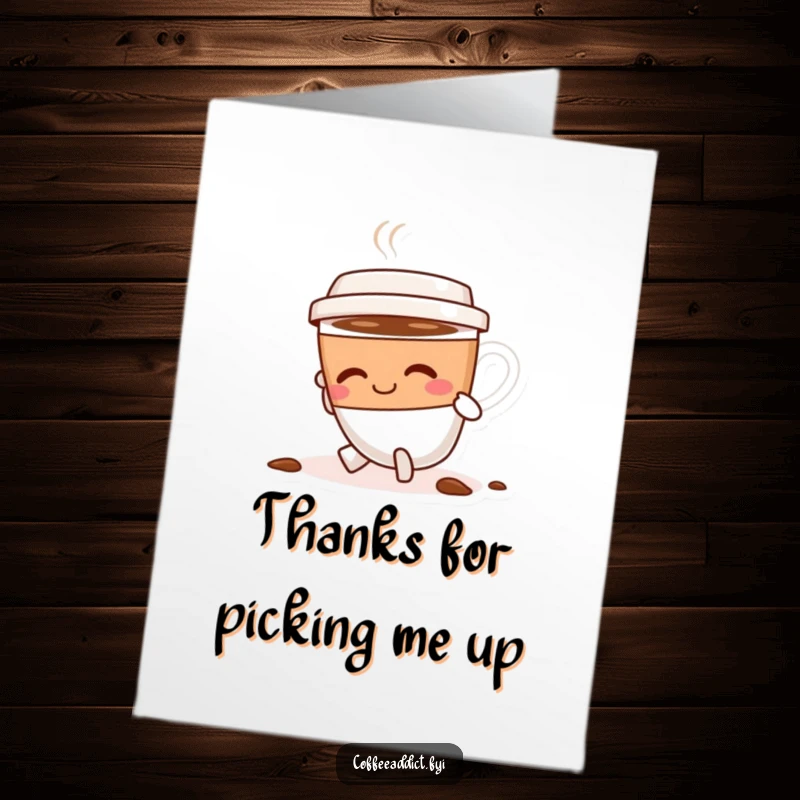 Funny Free Printable Thank You Card: Coffee cup character tripping slightly but smiling and dusting itself off.