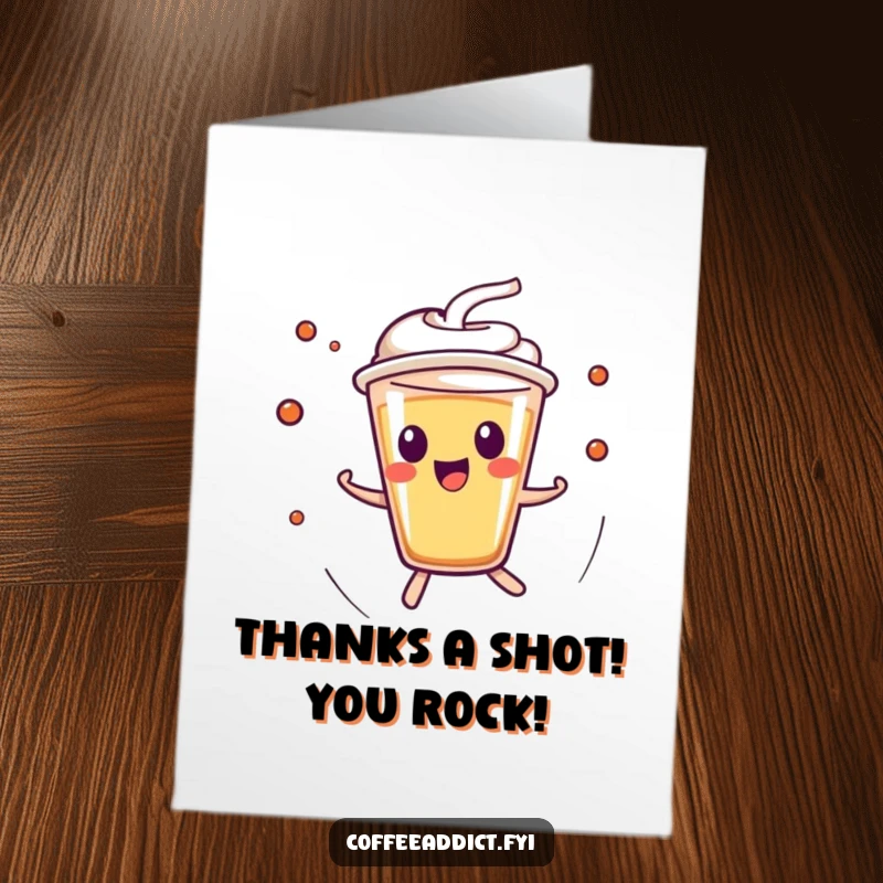 Funny Free Printable Thank You Card with a kawaii espresso shot character darting around, symbolizing quick thanks.