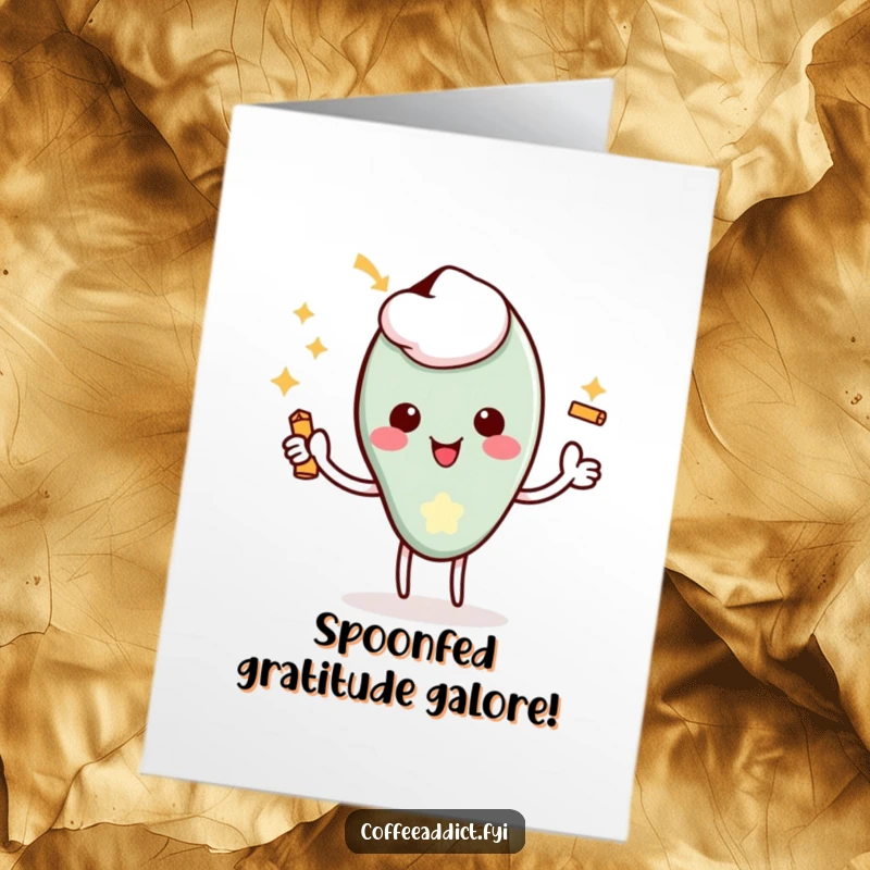 Funny Free Printable Thank You Card: Kawaii coffee spoon character giving a delighted flourish with a tiny jingle, expressing thanks.
