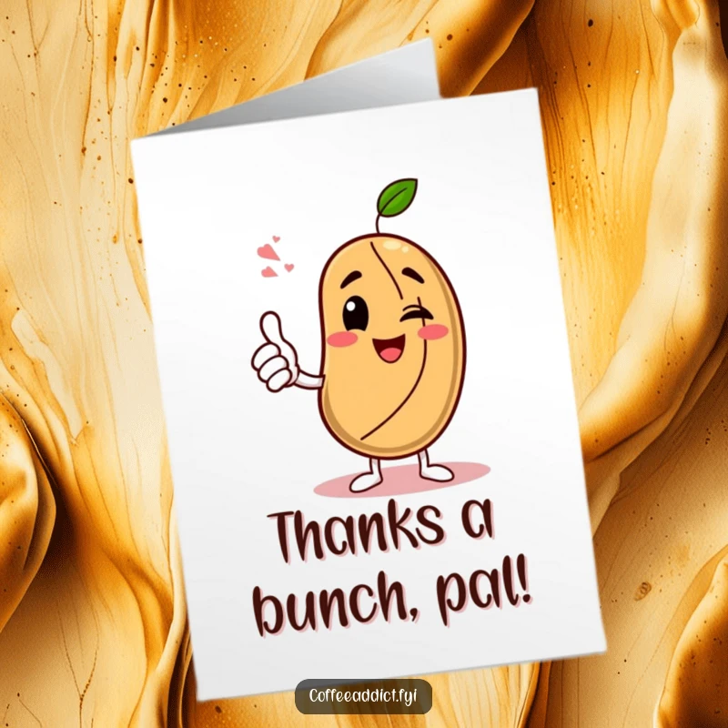 Funny Free Printable thank you card of a coffee bean giving an enthusiastic thumbs-up and a wink, a stylish downloadable gift.