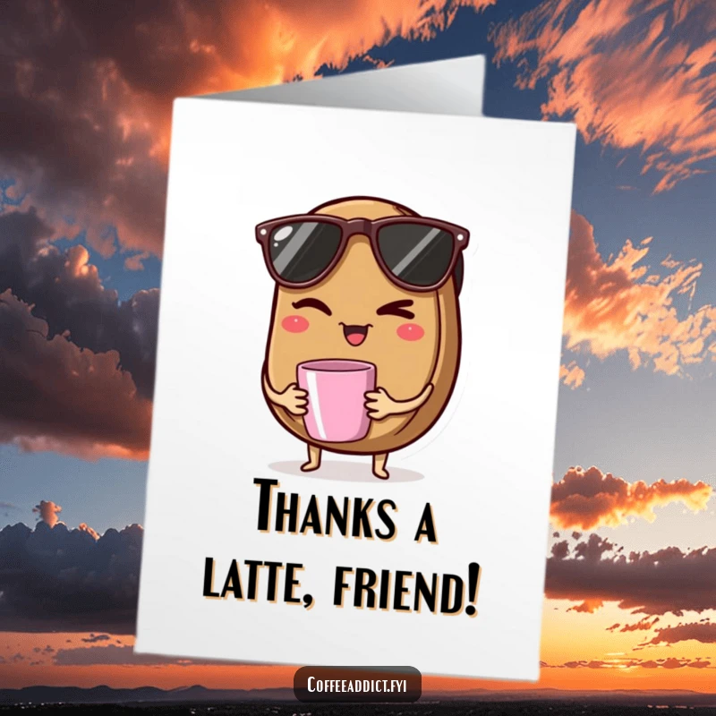 Funny Free Printable Coffee Bean Thank You Card: A coffee bean in sunglasses gives a cheeky wink while holding a tiny coffee mug.