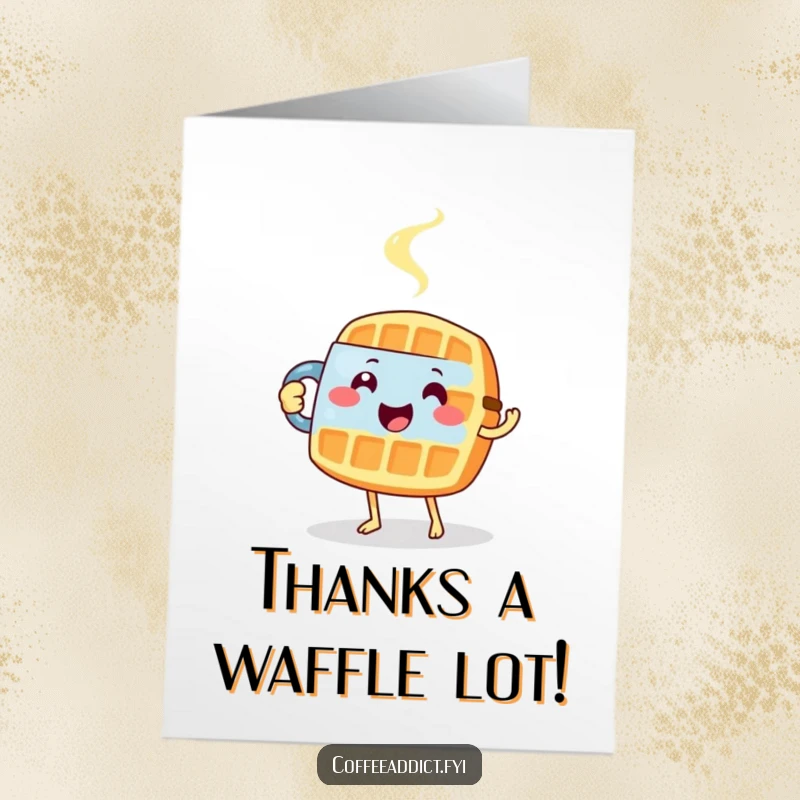 Funny Free Printable Thank You Card: A happy waffle tiptoes with a steaming mug, sending warm thanks.