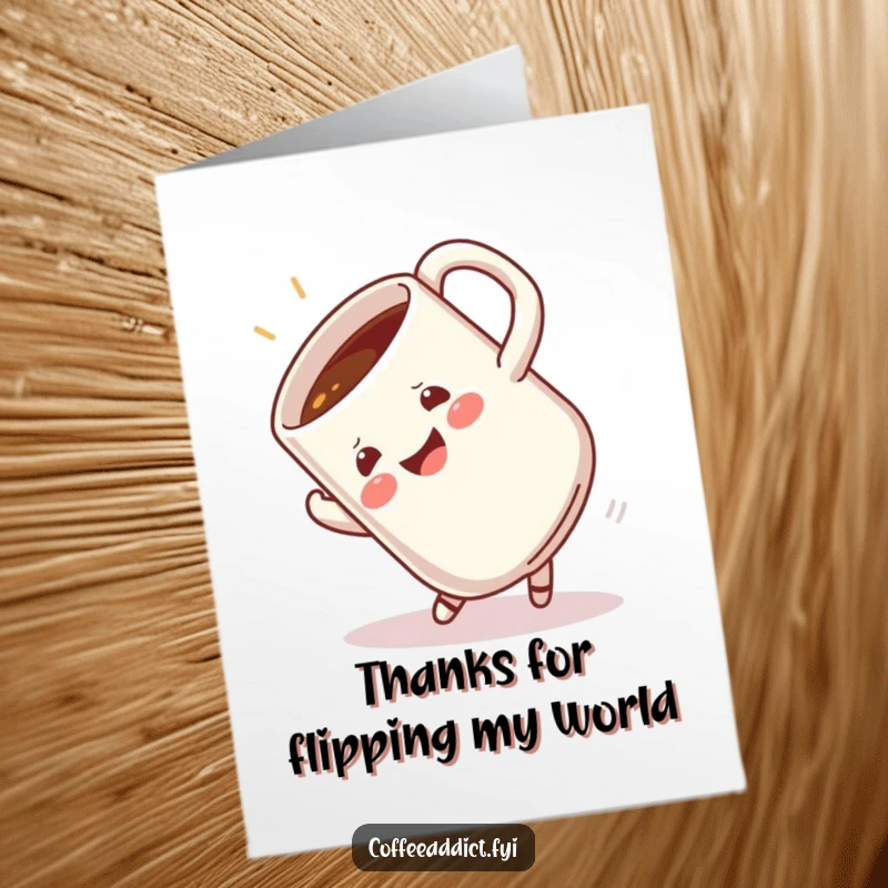 Funny Free Printable Thank You Card: A coffee mug executes a happy somersault, conveying thanks playfully.