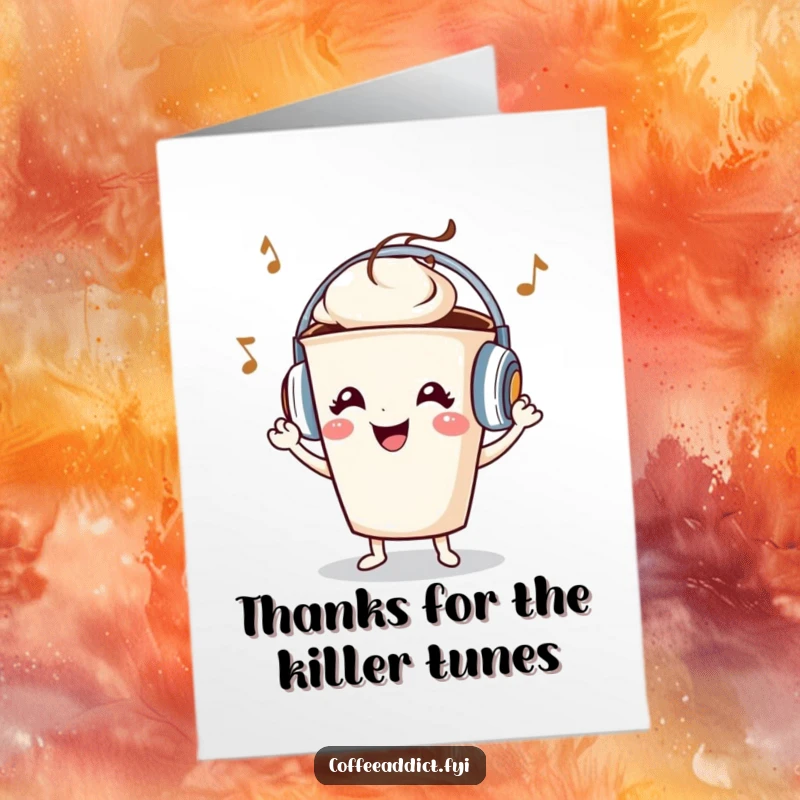 Funny Free Printable Thank You Card: A joyful coffee cup character with headphones, grooving to music, perfect for showing thanks.