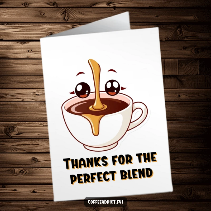 Funny Free Printable Thank You Card: A sweet coffee drip with big eyes beaming with gratitude, ready to be downloaded.