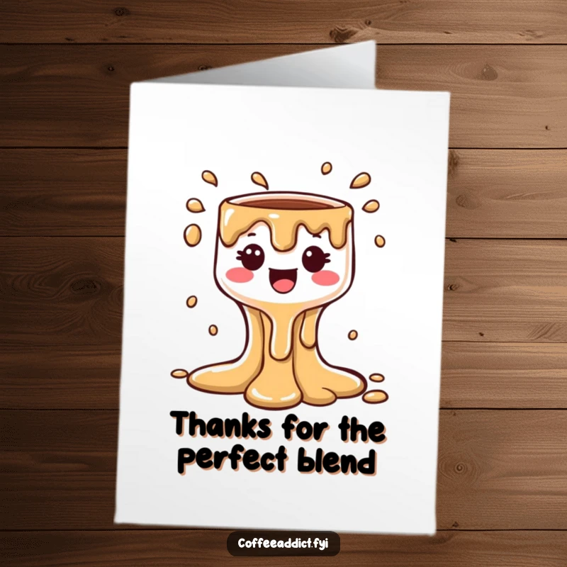 Funny Free Printable Thank You Card depicting a kawaii coffee drip character making a cheerful, bubbly cascade, ideal for expressing thanks.