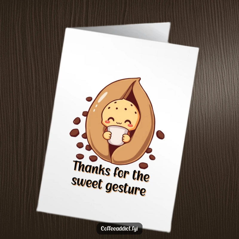 Funny Free Printable Thank You Card: Shy Muffin Peeking Behind Coffee Bean, Holding Tiny Cup