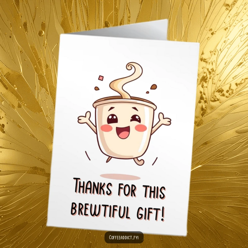 Funny Free Printable Thank You Card: An excited coffee cup jumping, steam rising, a cheerful downloadable for thanks.