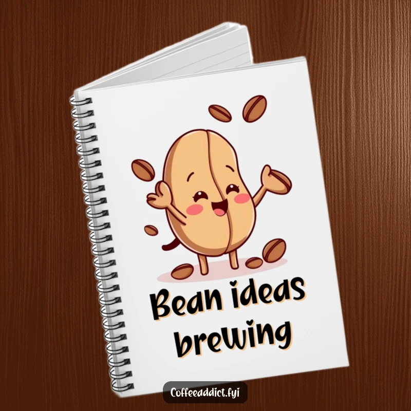 Funny notebook with a coffee bean juggling smaller beans on the cover, perfect for writing notes, journaling, or sketching ideas.