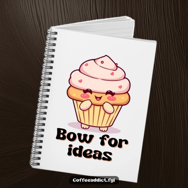 Funny Kawaii muffin notebook with a character doing a pleased little bow, perfect for notes and sweet thoughts.
