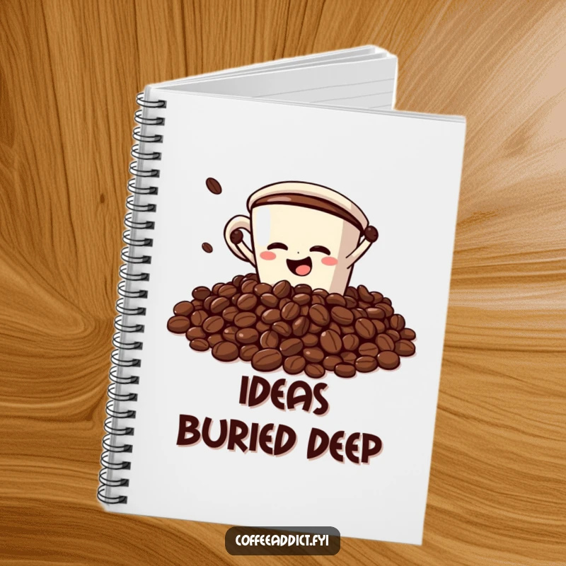 Funny Notebook: Coffee cup character dramatically faceplanting into a pile of coffee beans, perfect for notes with a comical twist.