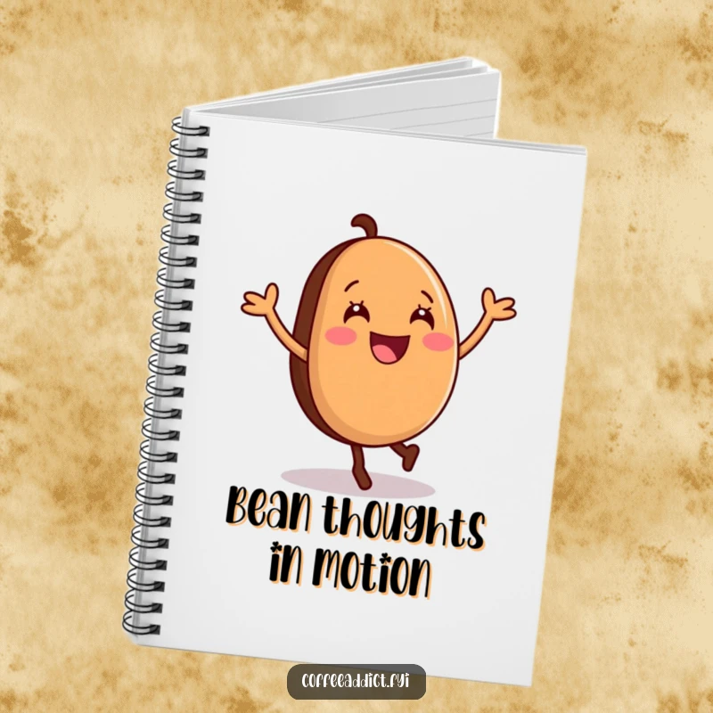 Funny Notebook featuring a coffee bean performing a joyful cartwheel, ideal for jotting down notes with a playful touch.
