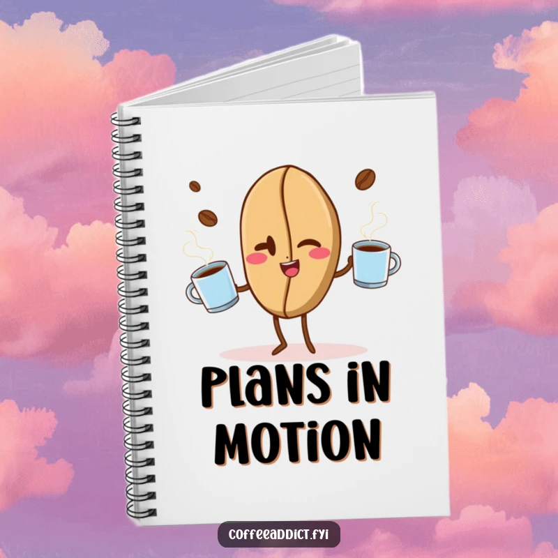Funny notebook cover featuring a winking coffee bean juggling steaming mugs, perfect for jotting down notes with a playful touch.