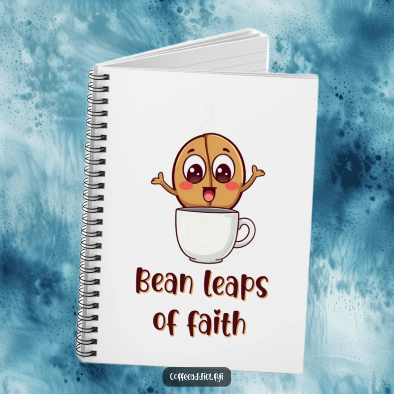 Funny Notebook featuring a coffee bean with excited eyes leaping over a steaming mug, ideal for jotting down notes with an energetic touch.