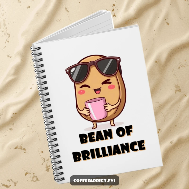 Funny notebook featuring a coffee bean wearing sunglasses, winking, and holding a tiny mug, ideal for cool notes.