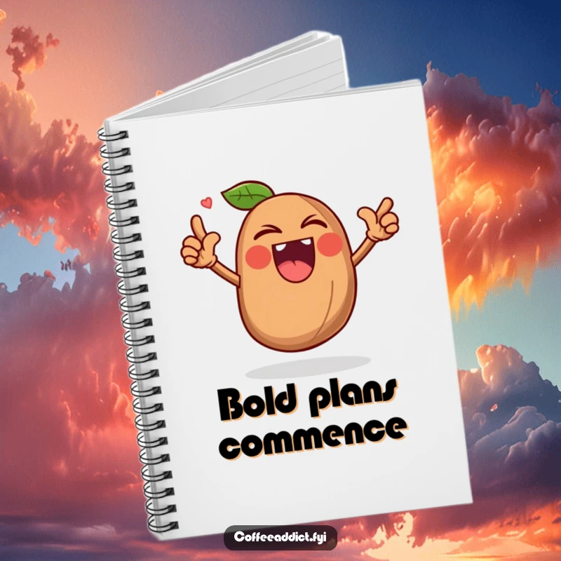 Funny notebook with a triumphant coffee bean character roaring, ideal for jotting down powerful thoughts.