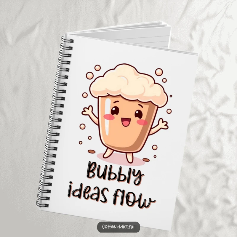 Funny Notebook featuring a coffee cup with bubbly foam performing a playful dance, ideal for jotting down notes with a cheerful touch.