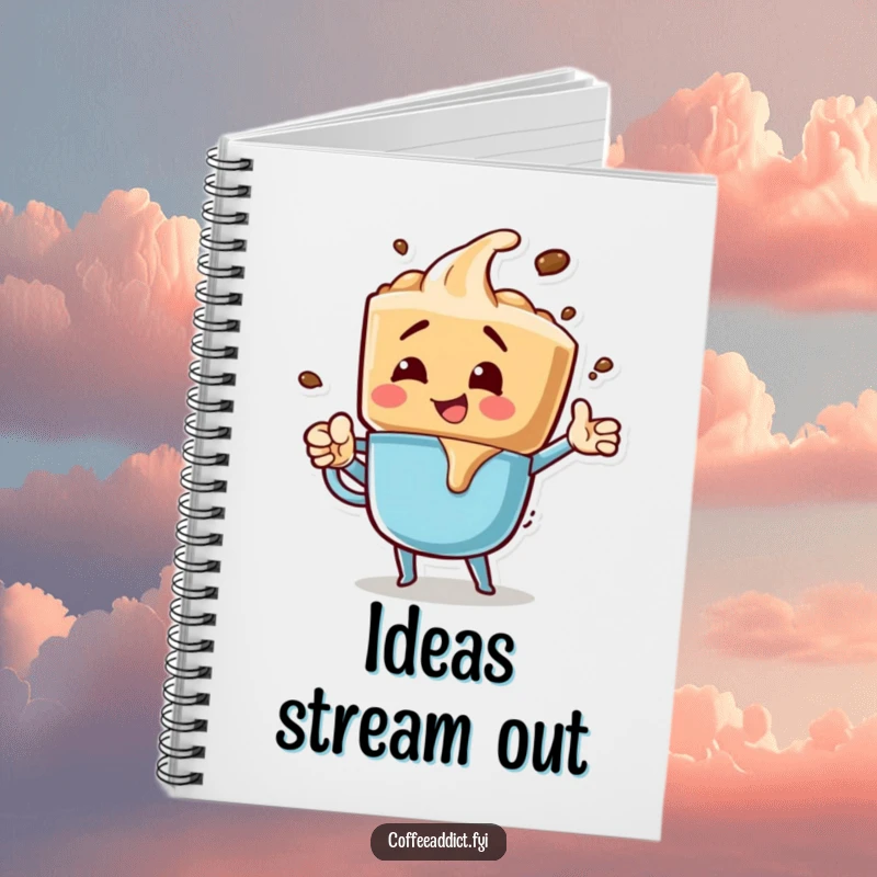 Funny notebook with an energetic coffee drip character in a bubbly pose, providing a fun space for notes and brilliant ideas.