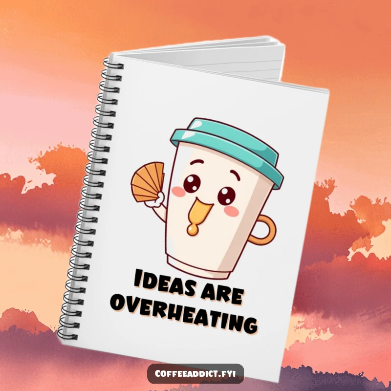 Funny coffee cup character with a happy dribble, fanning itself, looking relaxed and inspiring on a cute notebook cover.