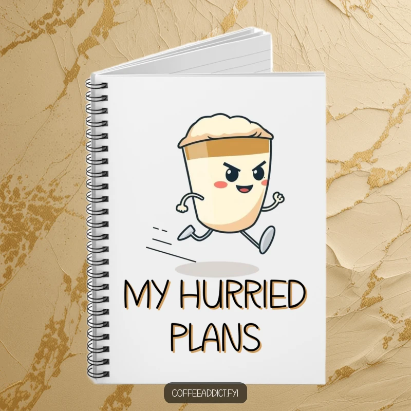 Funny determined espresso shot character with tiny legs running fast, on the cover of a notebook.