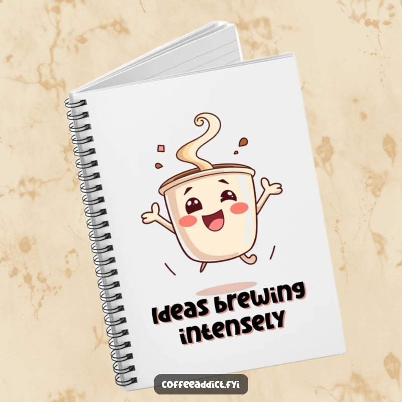Funny excited coffee cup notebook, steam rising, jumping for joy. Humorous stationery for energetic minds, a great funny gift.