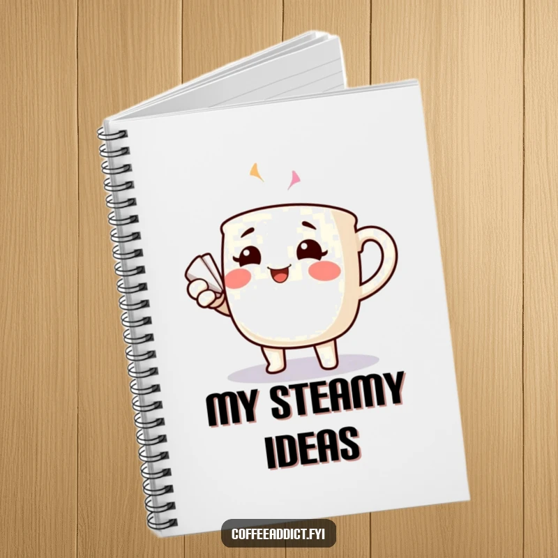 Funny cheerful coffee mug with rosy cheeks dramatically fanning itself, on the cover of a notebook.
