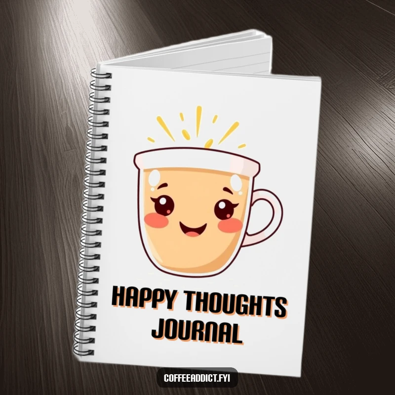 Funny Notebook: Coffee cup character with a radiant smile, emanating warmth and happiness, perfect for notes with a joyful touch.
