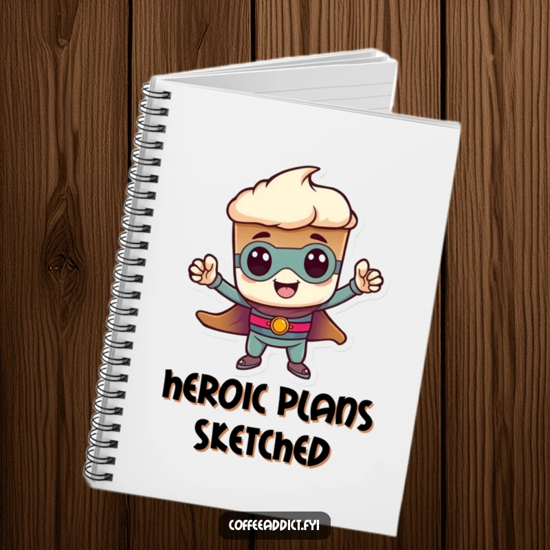 Funny heroic espresso shot notebook, striking a tiny pose. Humorous stationery for brave minds, a great funny gift.