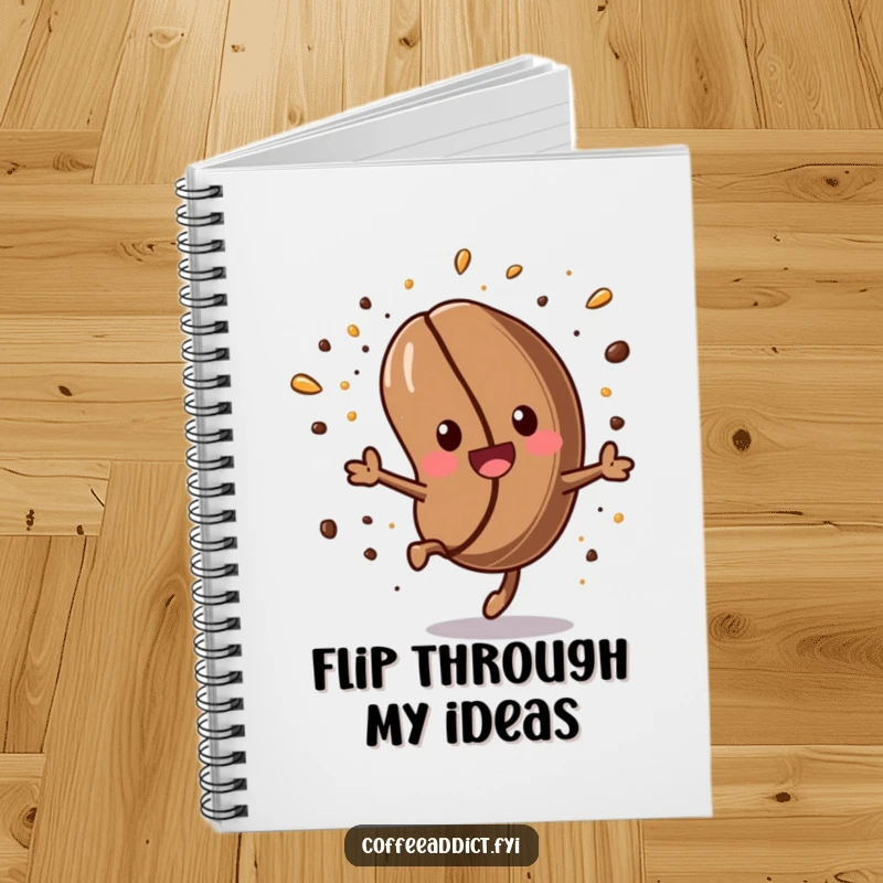 Funny Kawaii Coffee Bean Notebook: Energetic coffee bean with a somersault, ideal for jotting down coffee-fueled, humorous ideas.