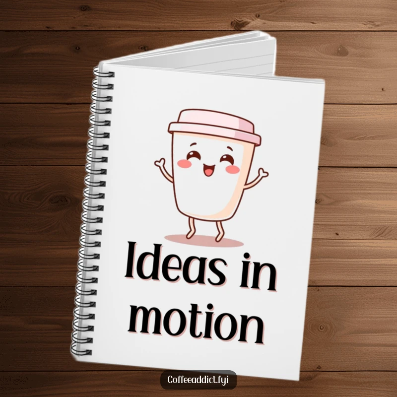 Funny Kawaii Coffee Cup Notebook featuring a cute character doing a happy little jig, perfect for jotting down thoughts with energy.