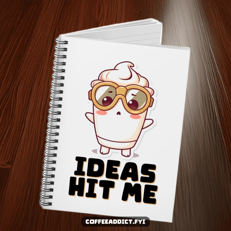 Funny notebook with a kawaii coffee cup character in large goggles, looking surprised, ideal for jotting down unexpected ideas.