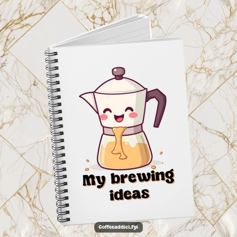 Funny kawaii coffee pot with a wide smile pouring a cascade of coffee, on the cover of a notebook.