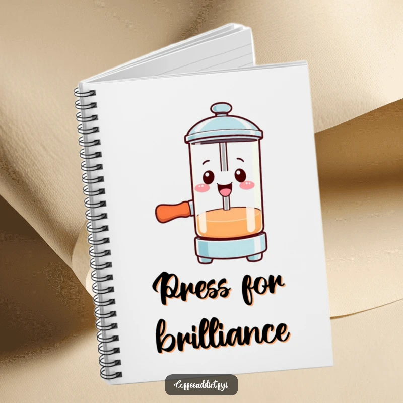Funny Kawaii French press notebook with a smiling character pressing down with gusto, perfect for notes and ideas.