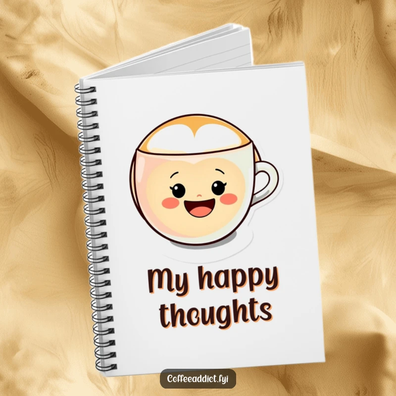 Funny Kawaii Latte Art Notebook showing a character forming a cheerful smiley face in a coffee cup, ideal for writing.