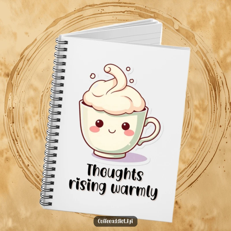 Funny Kawaii Teacup Notebook: Adorable teacup character with a steam cloud forming a happy face, perfect for jotting down cozy thoughts with a humorous touch.