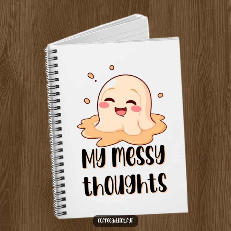 Funny notebook cover with a coffee puddle character melting with a goofy grin, great for creative notes.