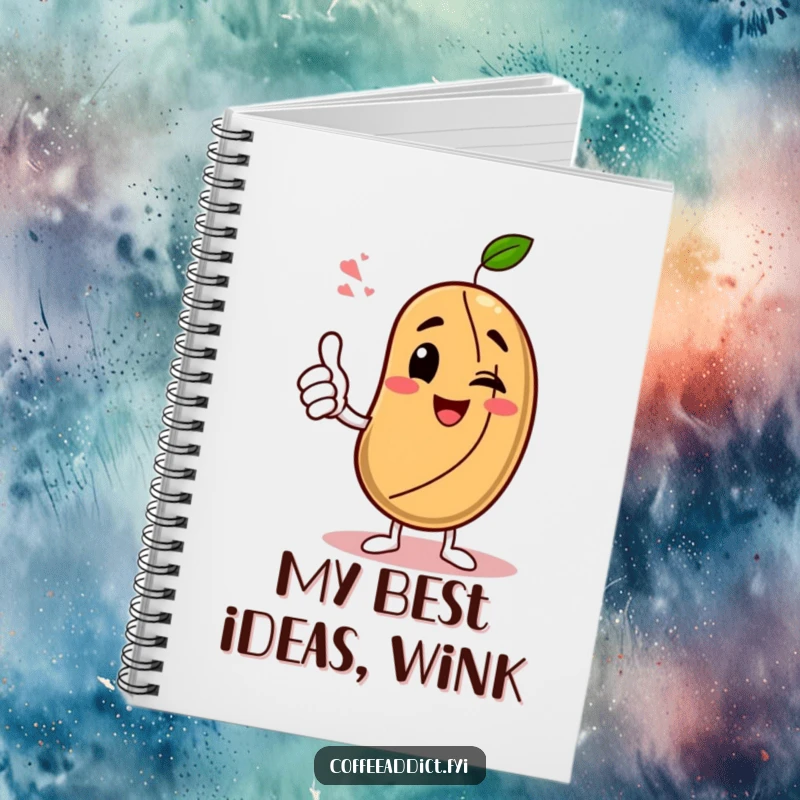 Funny Notebook: Coffee bean character giving an enthusiastic thumbs-up with a wink, perfect for notes with a motivational twist.