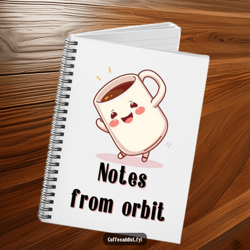 Funny notebook cover featuring a coffee mug in a joyous, mid-air somersault, perfect for jotting down energetic thoughts.