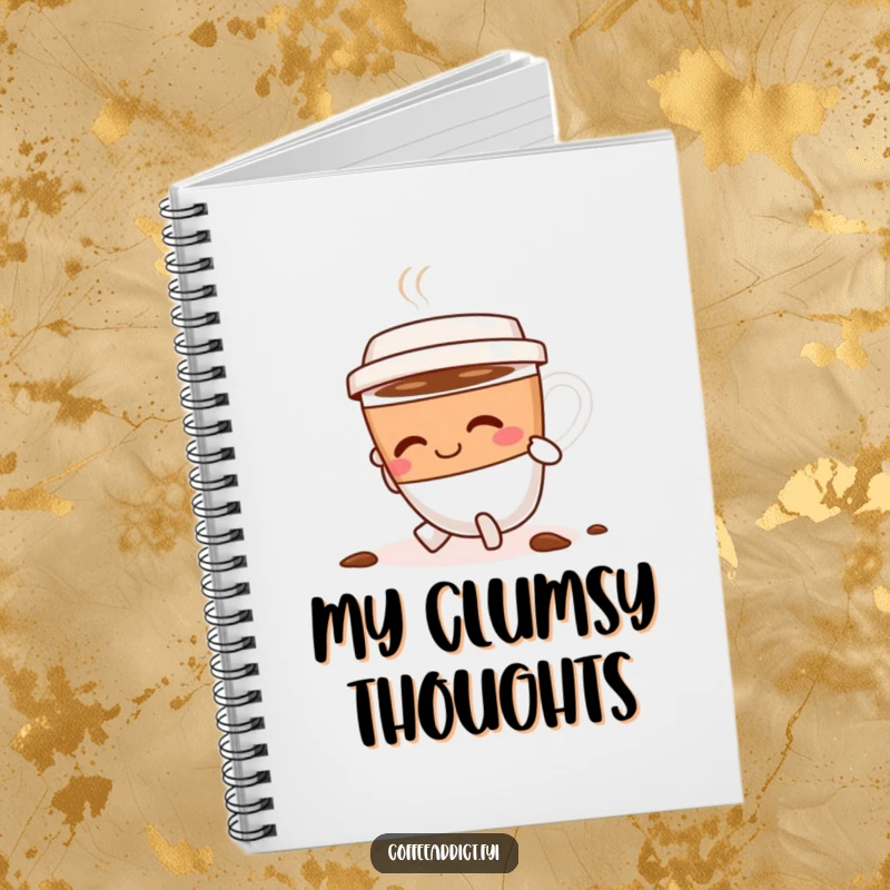 Funny coffee cup character tripping slightly, smiling and dusting itself off, inspiring resilience on a stylish notebook cover.