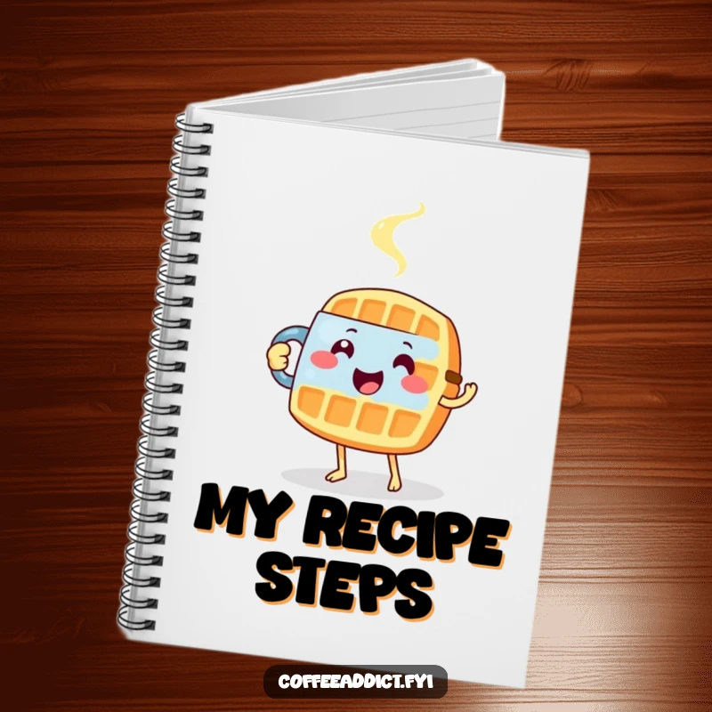 Funny notebook featuring a happy waffle carefully tiptoeing with a steaming mug, ideal for writing.